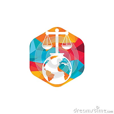 International tribunal and Supreme court logo concept. Scales on globe icon design. Vector Illustration