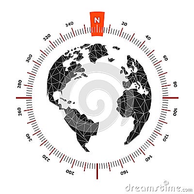 Globe world map compass nautical travel. Scale is 360 degrees. Vector Illustration