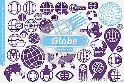 Globe, world map and earth symbols, icons, logos and design elements collection Vector Illustration