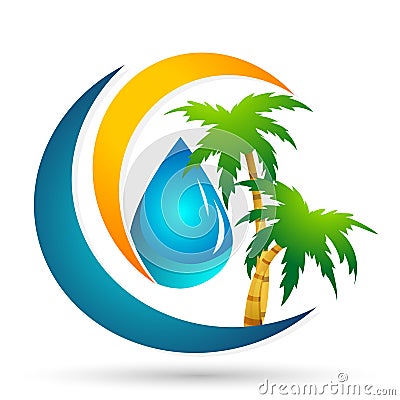 Water drop save logo globe people life palm tree concept of water drop wellness symbol icon nature sun elements vector design Cartoon Illustration