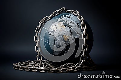 A globe wrapped in heavy chains, against a dark background, concept of restriction and desire for liberation Stock Photo