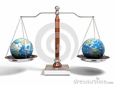 Globes on balance scale Stock Photo