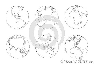 Globes icon collection. Contour map of the world. Planet with continents Vector Illustration