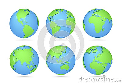 Globes icon collection. Three-dimensional map of the world. Planet with continents Vector Illustration