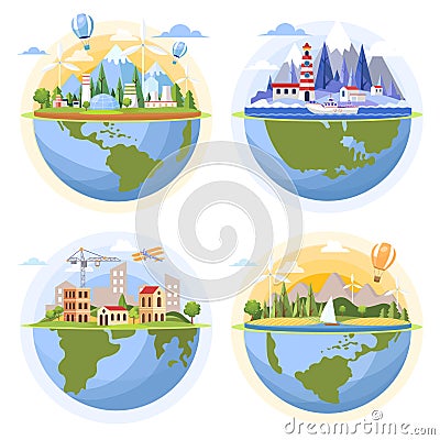 Globes with landscapes vector flat illustration. Nuclear factory, wind turbines, seaside, city construction. Vector Illustration