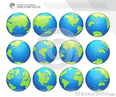 Globes showing earth with all continents. Digital world globe vector. Dotted world map vector. Vector Illustration