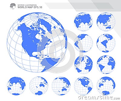 Globes showing earth with all continents. Digital world globe vector. Dotted world map vector. Vector Illustration