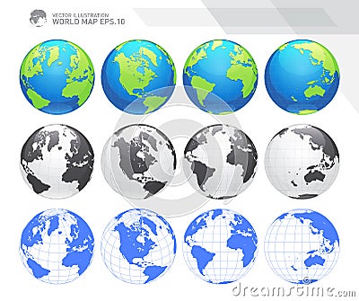 Globes showing earth with all continents. Digital world globe vector. Dotted world map vector. Vector Illustration