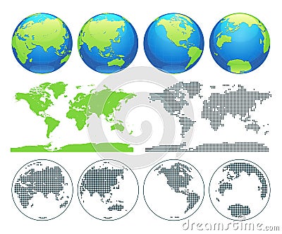 Globes showing earth with all continents. Digital world globe vector. Dotted world map vector. Vector Illustration