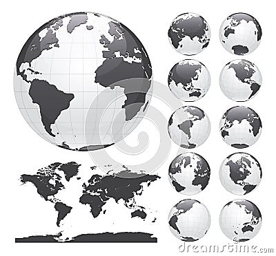 Globes showing earth with all continents. Digital world globe vector. Dotted world map vector. Vector Illustration