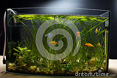 Glofish in aquarium. Little aquarium on black background Stock Photo