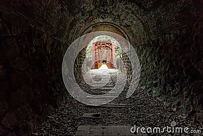 Gloomy abandonned railway tunnel Stock Photo