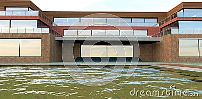 The gloomy autumn sky is reflected in the pool of an advanced three-story building. Wide front entrance with a concrete canopy. Stock Photo