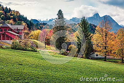 Gloomy autumn view of Brauhof village. Amazing morning scene of Austrian Alps, Styria stare of Austria, Europe. Beauty of Stock Photo