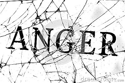Gloomy broken glass with cracks with the inscription anger Stock Photo
