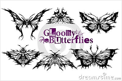 Gloomy Butterflies - vector set - moth Dead Head, mystical symbols. White drawing on a black background. Vector Illustration