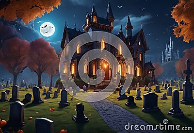 Gloomy castle at Halloween night. Generative AI Stock Photo