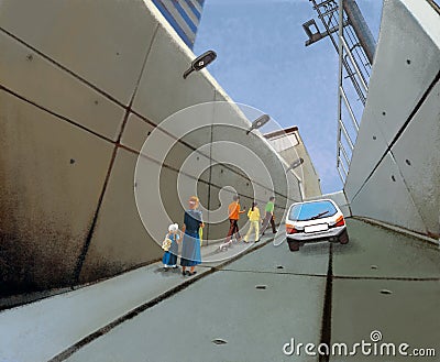 Gloomy concrete tunnel and people with gadgets Stock Photo