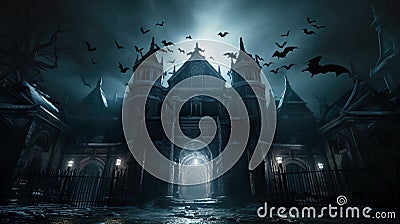 Gloomy Gothic castle at Halloween night, old haunted palace with bats Stock Photo