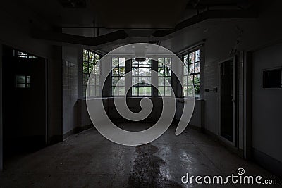 Derelict Creepy Room + Windows - Abandoned Laurelton State Hospital - Pennsylvania Stock Photo