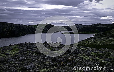 Gloomy landscape of polar tundra. Northern nature of Teriberka, Kola Peninsula Stock Photo