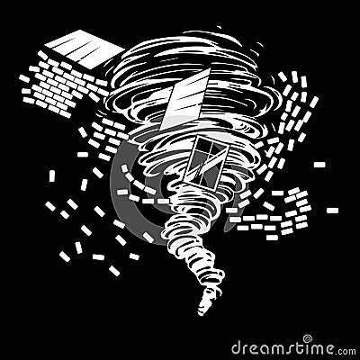 Black and white drawing of a destructive tornado that draws the ruined brick house Vector Illustration