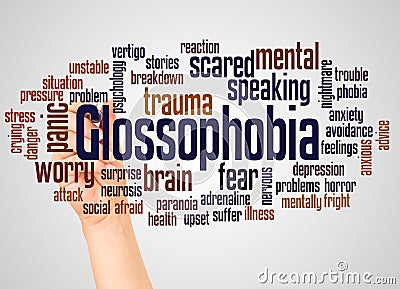 Glossophobia fear of speaking in public word cloud and hand with marker concept Stock Photo