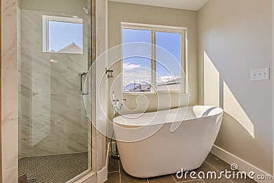 Glossy bathtub and separate shower inside the sunlit bathroom of a new house Stock Photo