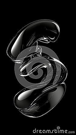 Glossy black abstract shape twisting and turning, creating a dynamic and elegant form against a stark black background Stock Photo