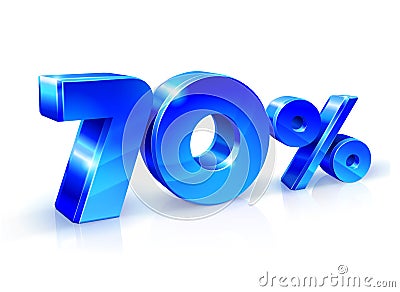 Glossy blue 70 Seventy percent off, sale. Isolated on white background, 3D object. Vector Illustration