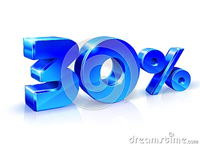 Glossy blue 30 Thirty percent off, sale. Isolated on white background, 3D object. Vector Illustration