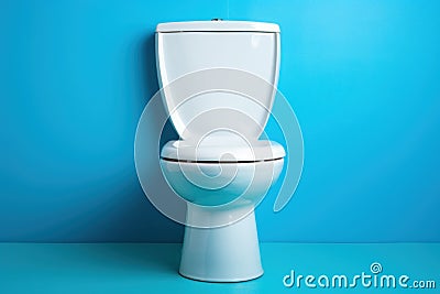 Glossy Ceramic toilet blue wall. Generate Ai Stock Photo