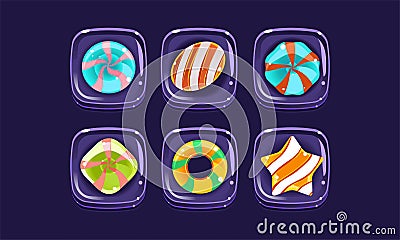 Glossy colorful shapes set, sweet square candy blocks, assets for user interface GUI for mobile apps or video games Vector Illustration