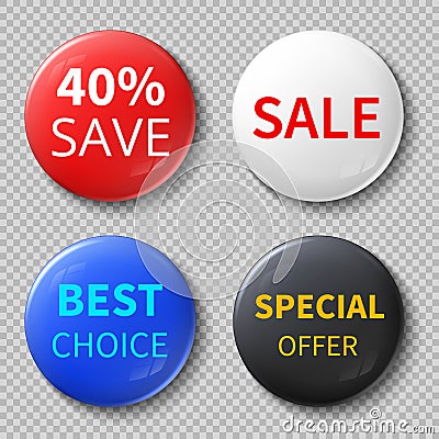 Glossy 3d sale circle buttons or badges with exclusive offer promotional text vector mockups Vector Illustration