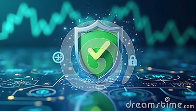 A glossy 3D shield icon with a green checkmark, floating on a holographic interface filled with security data, representing data Stock Photo