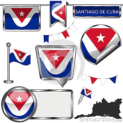 Glossy flags of Santiago de Cuba, Cuba Vector Illustration