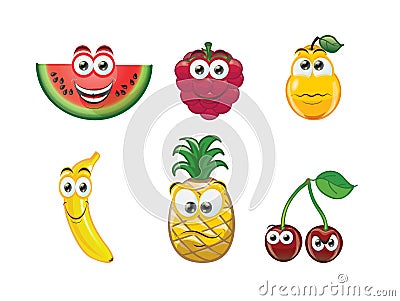 Glossy fruit set with cute face Vector Illustration