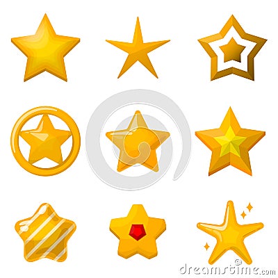 Glossy gold stars in cartoon style. Icons set for game design projects Vector Illustration