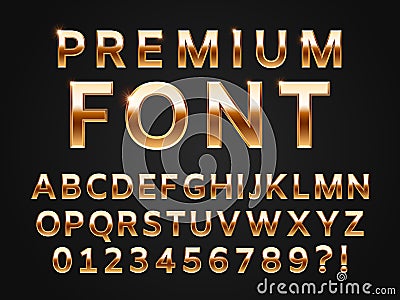 Glossy gold typeface, shine alphabet letters collection for premium text design. Golden gloss metal vector sans font Vector Illustration