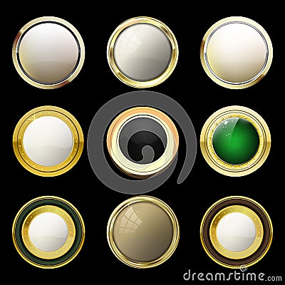 Glossy and gold vintage labels . Colored stones set in gold. Bro Vector Illustration