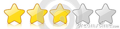 Glossy golden three star icon rating with reflection isolated on a white background. Vector Illustration