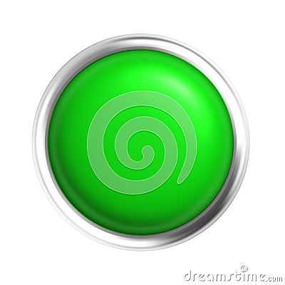 Glossy Green Button with Metallic Silver Frame Isolated on White Background, Shiny Round Push Button Symbolizing Vector Illustration