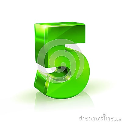 Glossy green Five 5 number. 3d Illustration on white background. Vector Illustration