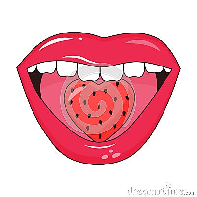 Glossy half-opened mouth with strawberry in pop art style. Female sexy lips. Vector Illustration