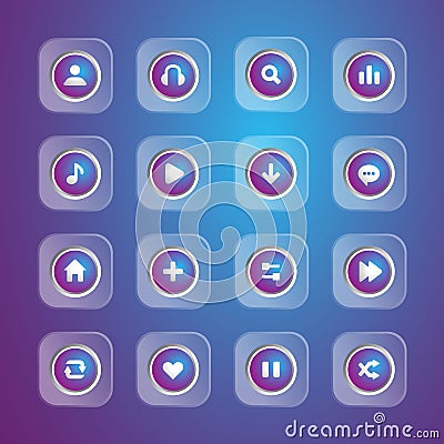glossy icon pack modern style with circle shape, blue light, set collection design vector Vector Illustration