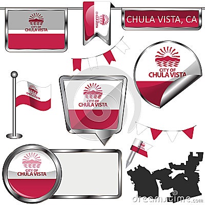 Glossy icons with flag of Chula Vista, CA Vector Illustration