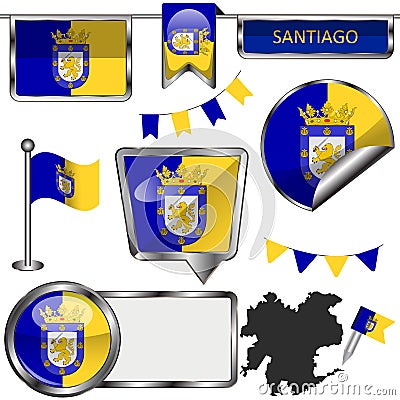 Glossy icons with flag of Santiago, Chile Vector Illustration