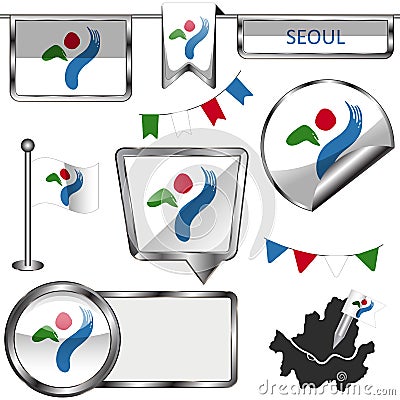 Glossy icons with flag of Seoul Vector Illustration