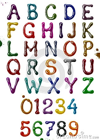 Glossy letters of the Latin alphabet and numbers made of colorful glaze Stock Photo