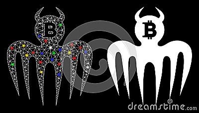 Glossy Mesh Network Bitcoin Spectre Devil Icon with Flare Spots Vector Illustration